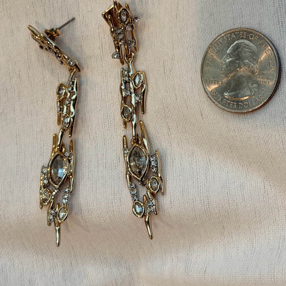 Alexis Bittar Gold and Clear Crystal Long Drop Earrings
